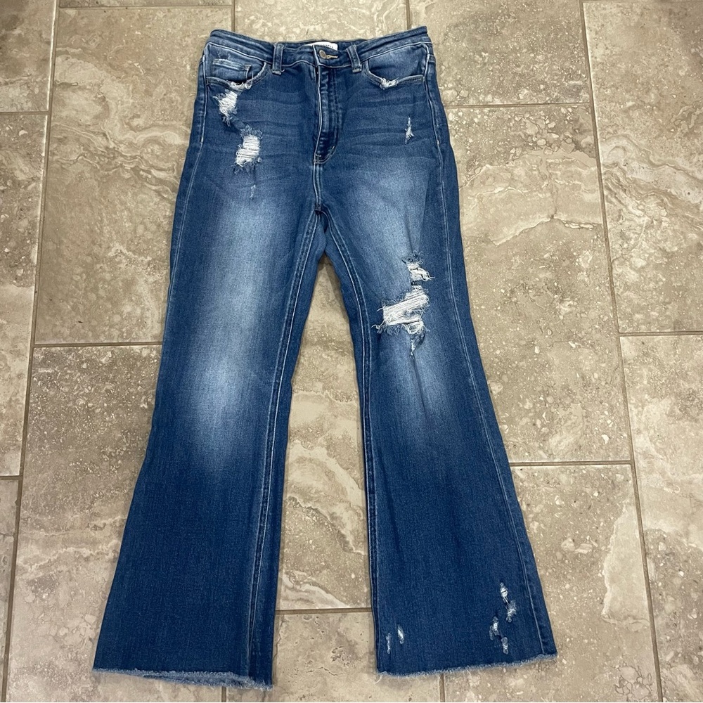 Flying Monkey Super High Rise Detailed Raw Hem Flare Jeans sz 30 - Picture 3 of 15